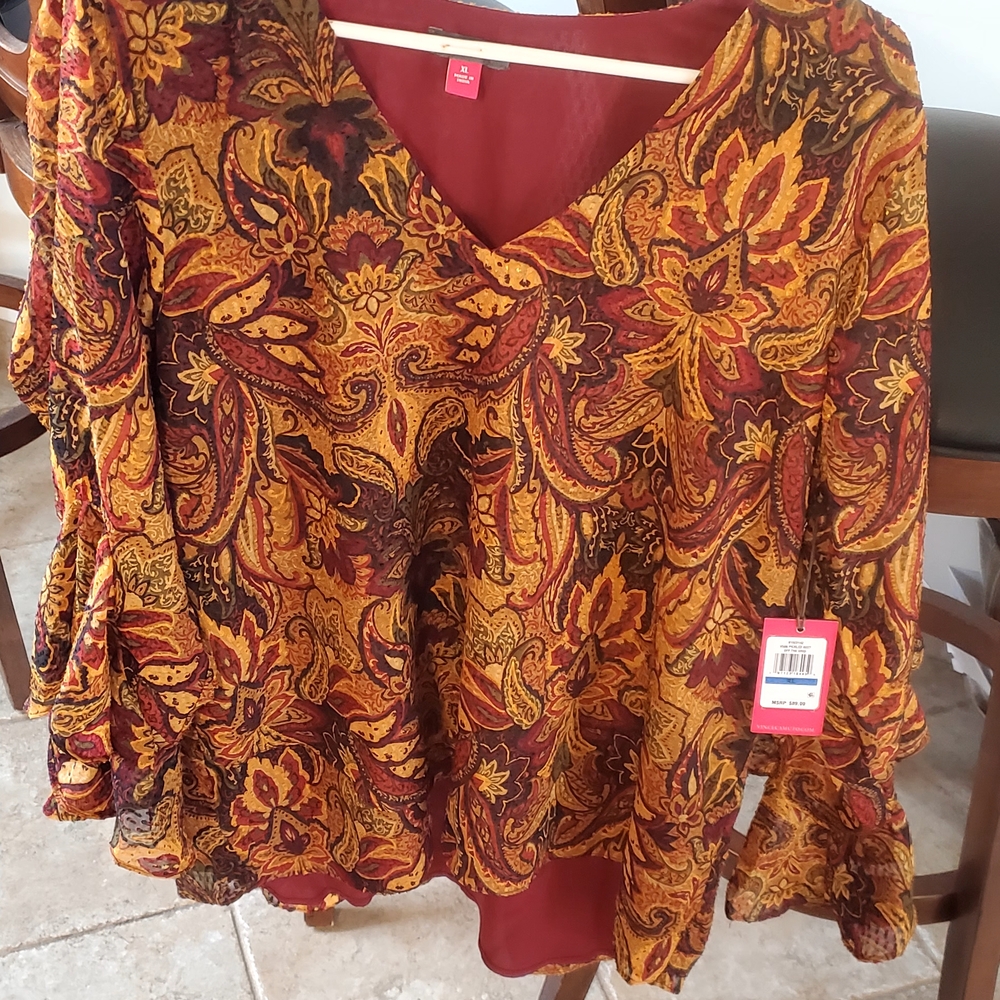 Vince Camuto Paisley V-Neck Blouse - Red and Yellow